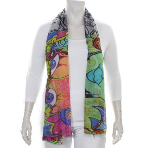 Kleurrijke shawl met abstracte print en grijs middenstuk