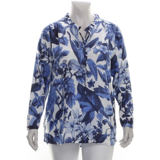 Frapp dunne blauw witte viscose blouse met roezelkraag