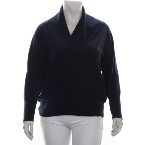 Xandres fijn gebreide wollen wrap pullover donkerblauw