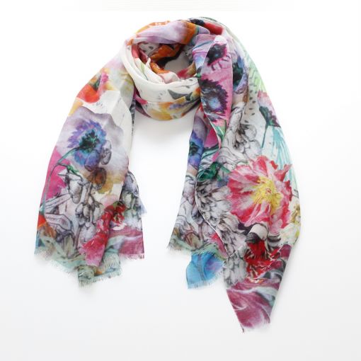 Fleurig gekleurde shawl met print wol zijde