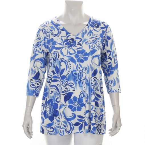 Colletta shirt met  bloemenprint blauw ecru V-hals