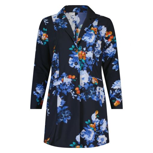 PlusBasics jacket long blauw met fruit en bloem print