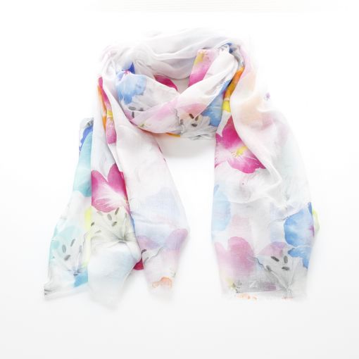 Ecru shawl ecru met pastel gekleurde bloemenprint modal en zijde