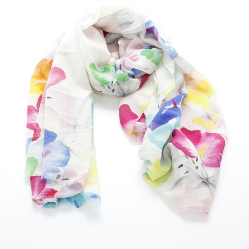 Ecru shawl met gekleurde bloemenprint wol en zijde