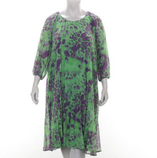 Yoek groen paarse voile gevoerde plisse A-lijn jurk 