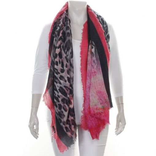 Grote 100% wollen shawl met grijze panterprint rode rand