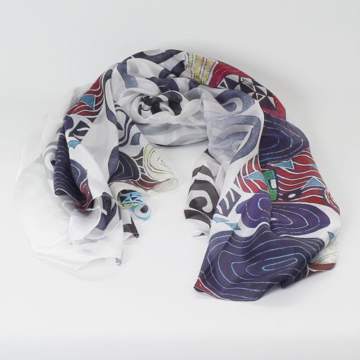 Wit glanzende zijden shawl met  print in diverse kleuren