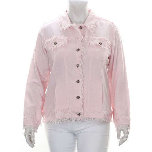 Orientique korte katoen linnen blazer roze met franje