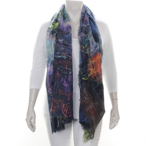 Grote 100% wollen shawl met kleurrijke blauw paarse print