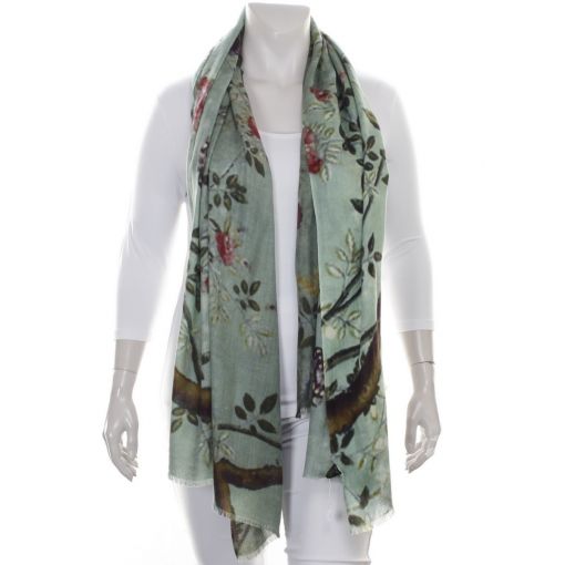 Shawl groen met bladeren en bloemen