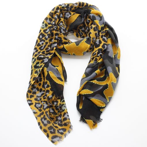 Geborduurde luxe shawl met oker grijs zwarte panterprint