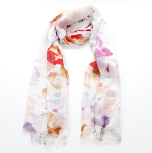 Ecru shawl met pastel gekleurde bloemenprint modal  zijde