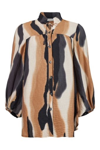 Noen blouse met pofmouw in grijs ecru cognac