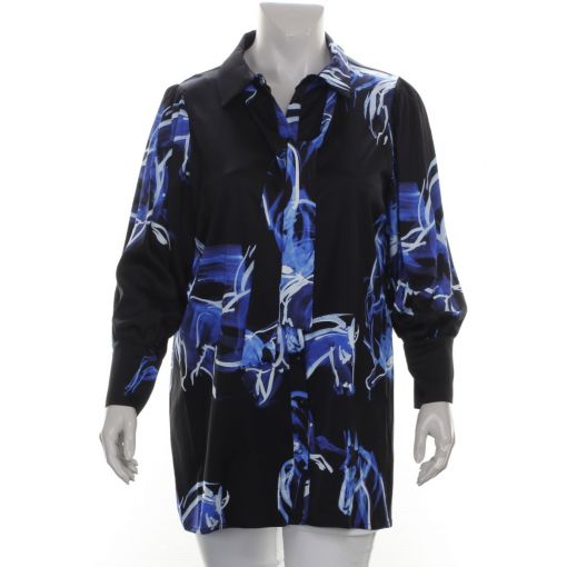 Only-M licht glanzende satijn blouse zwart kobalt met strik