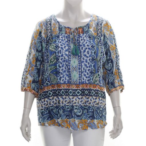 Orientique katoenen blouse met print blauw groen oranje