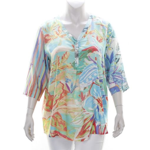 Orientique katoenen blouse met bladprint in pastel