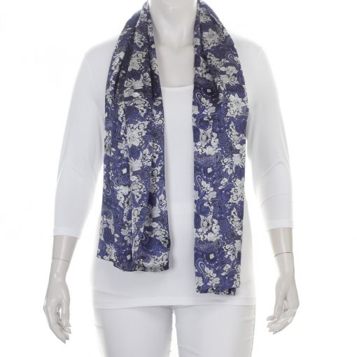 Dubbele zijden shawl blauw met zilvergrijze zwarte print