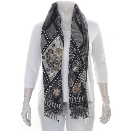 Grijze luxe wollen shawl met borduursel in zandkleur