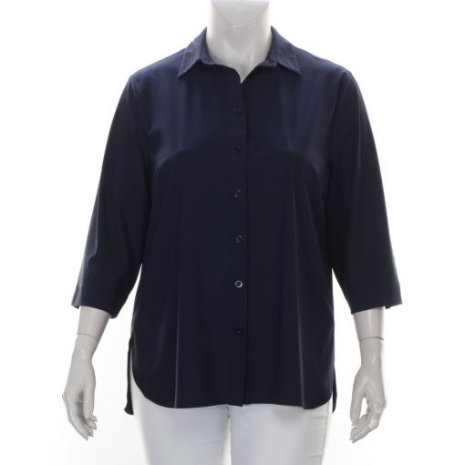 KJ Brand donkerblauwe travelstof blouse met driekwart mouw