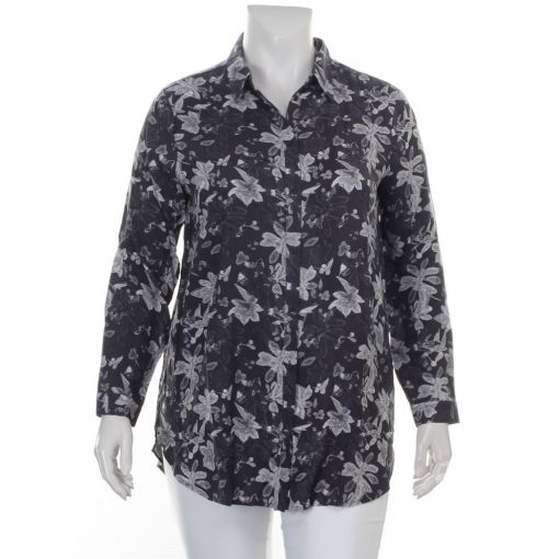 VAN € 49.95 VOOR 20.00 Karnter zwarte blouse met grijs witte print