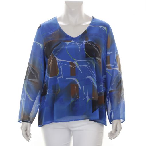 Samoon blouse voile met een print in kobalt en cognac