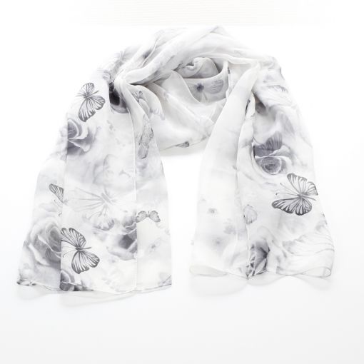 Zijden shawl met subtiele grijze rozenprint